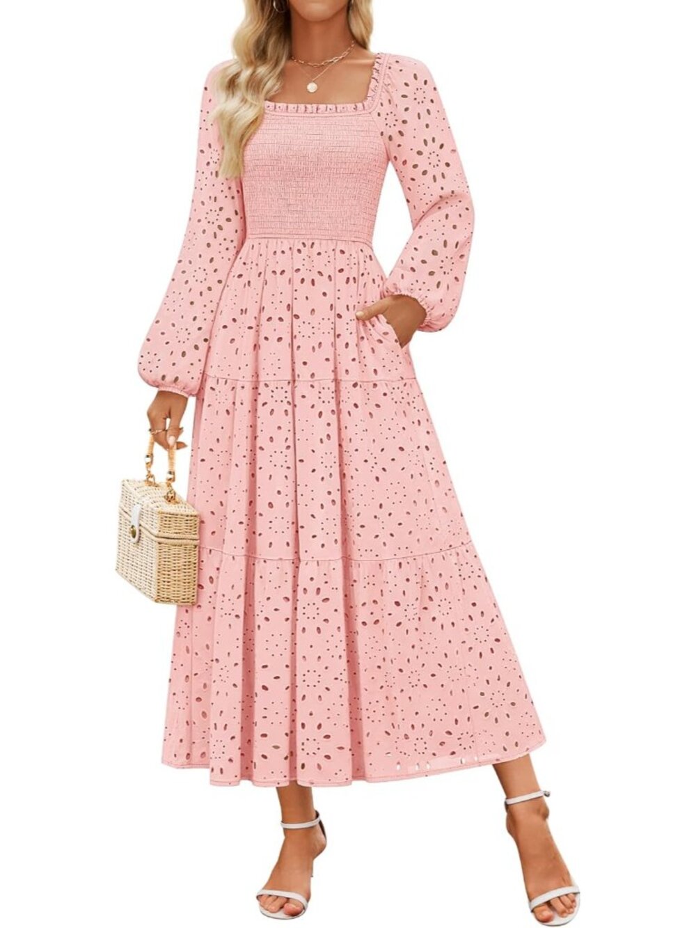 🆕Women's Pink Long Sleeve Square Neck LINE Mid Waist Pockets Maxi Dress